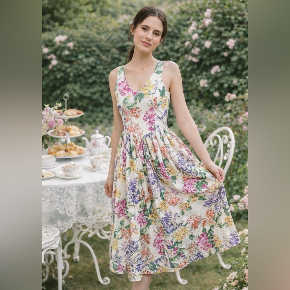 Vintage Laura Ashley Floral Cotton Maxi Dress Sleeveless Cottagecore Size XS